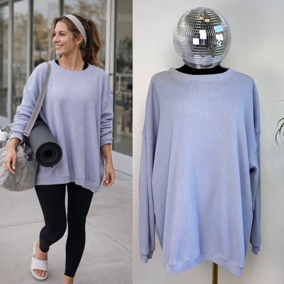 aerie Tops - Aerie Womens Oversized Waffle Knit Crewneck Sweatshirt Light Blue Medium